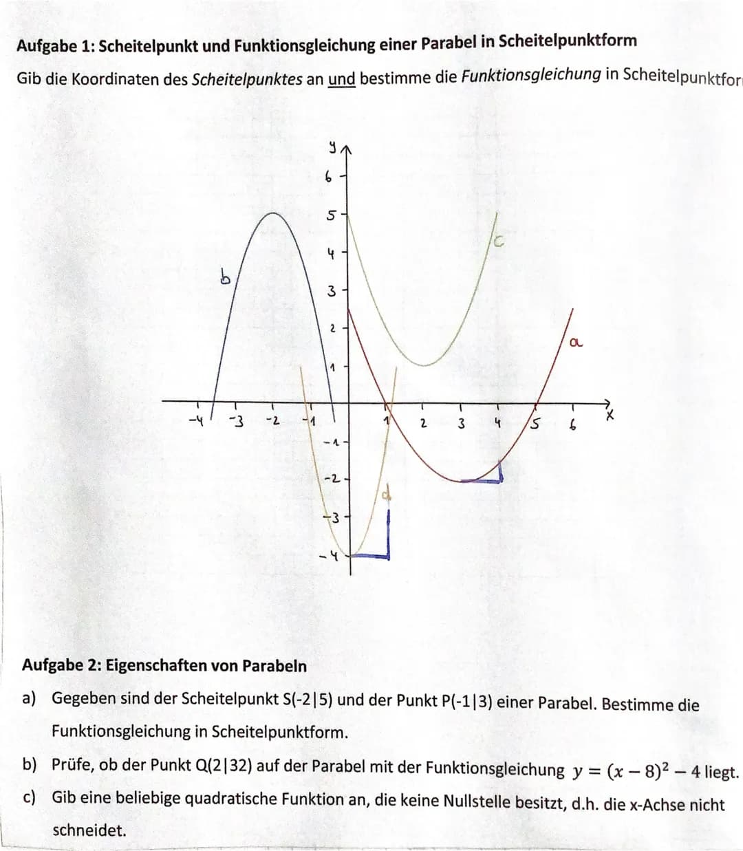 Aufgabe 1: Scheitelpunkt und Funktionsgleichung einer Parabel in Scheitelpunktform
Gib die Koordinaten des Scheitelpunktes an und bestimme d