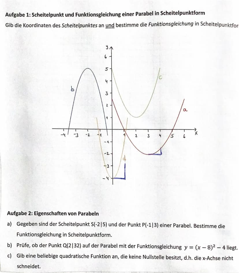 Aufgabe 1: Scheitelpunkt und Funktionsgleichung einer Parabel in Scheitelpunktform
Gib die Koordinaten des Scheitelpunktes an und bestimme d