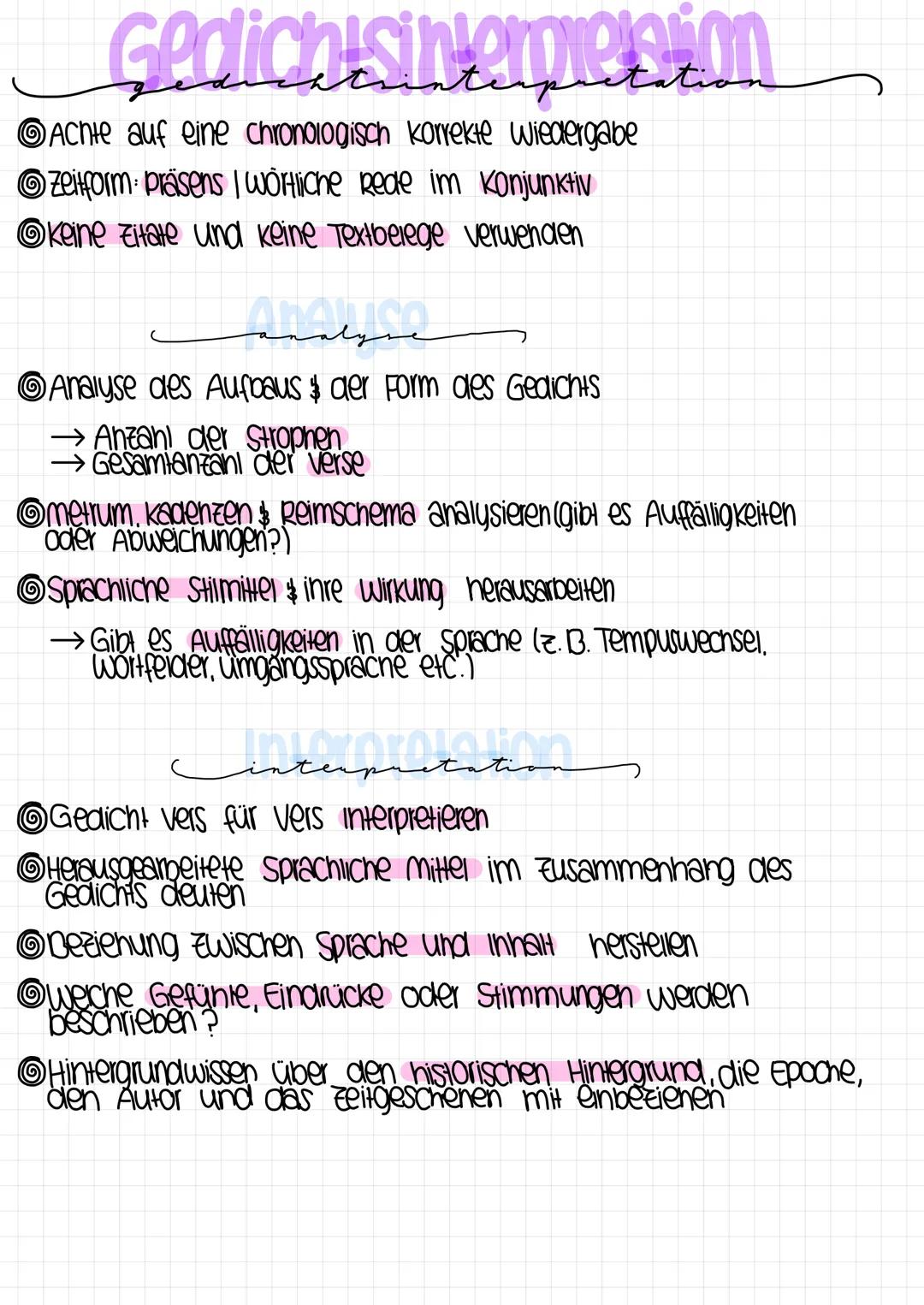 # Gedichisinterpresion
Gedichisinterpretation

→Ein Gedicht wird in seine einzelnen Bestandteile
zerlegt und anschließend systematisch unter