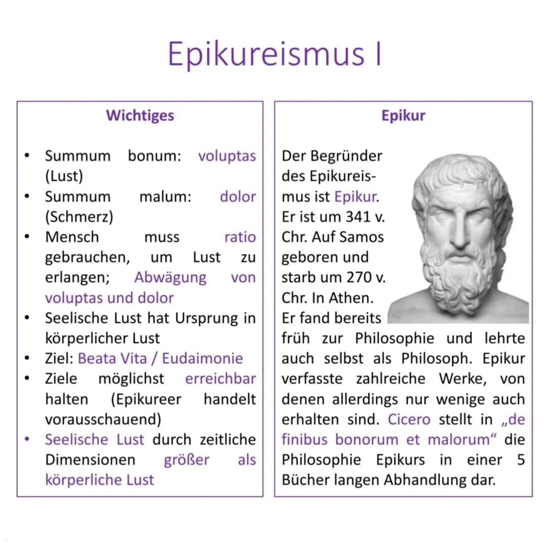 ●
●
Epikureismus I
Wichtiges
Summum bonum: voluptas
(Lust)
Summum malum: dolor
(Schmerz)
Mensch
muss
ratio
gebrauchen, um Lust zu
erlangen; 