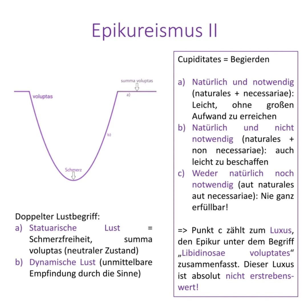 ●
●
Epikureismus I
Wichtiges
Summum bonum: voluptas
(Lust)
Summum malum: dolor
(Schmerz)
Mensch
muss
ratio
gebrauchen, um Lust zu
erlangen; 