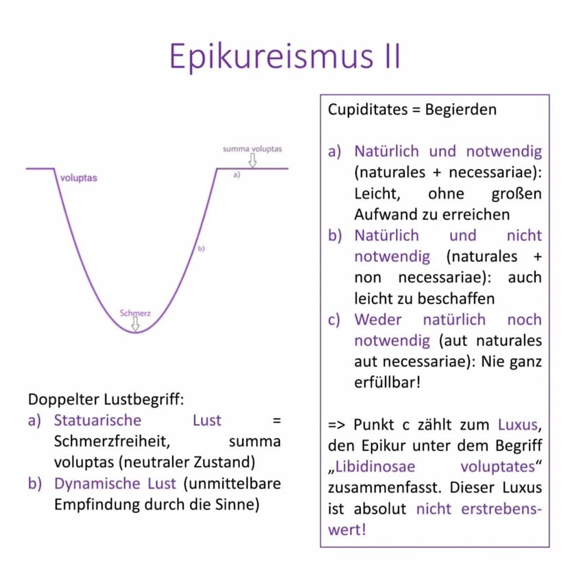 ●
●
Epikureismus I
Wichtiges
Summum bonum: voluptas
(Lust)
Summum malum: dolor
(Schmerz)
Mensch
muss
ratio
gebrauchen, um Lust zu
erlangen; 