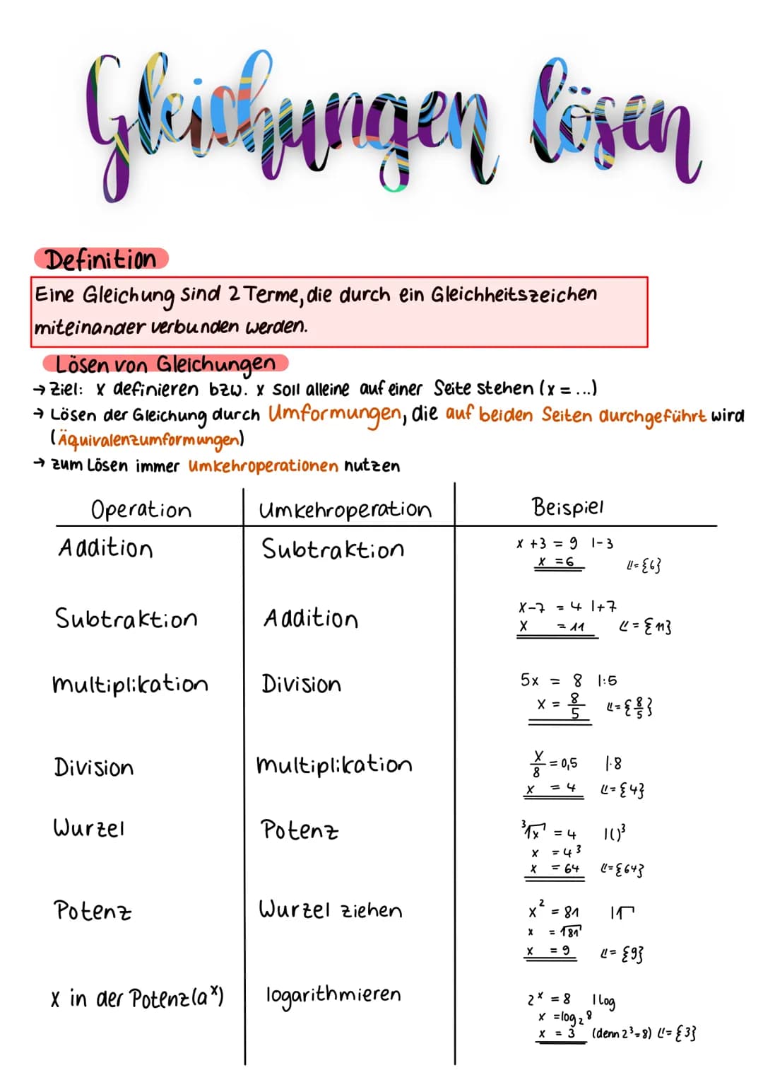 Gleichungen lösen
Definition
Eine Gleichung sind 2 Terme, die durch ein Gleichheitszeichen
miteinander verbunden erden.
Lösen von Gleichunge