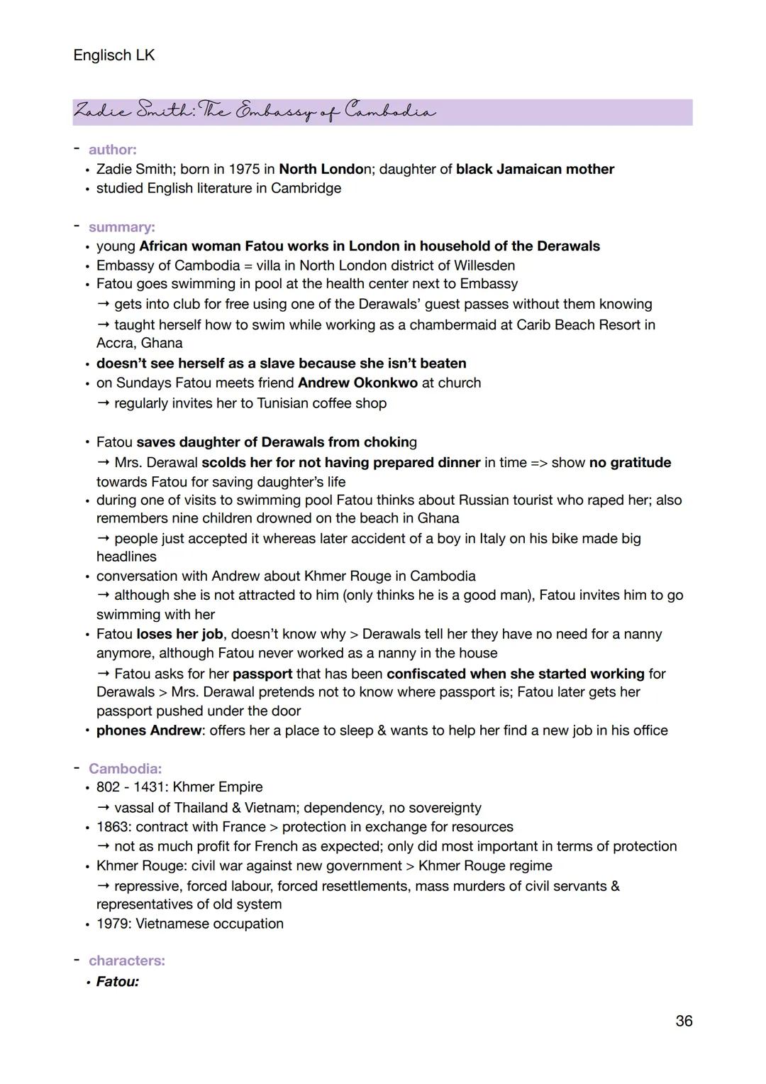 # Englisch LK

Zadie Smith: The Embassy of Cambodia

- author:
  - Zadie Smith; born in 1975 in North London; daughter of black Jamaican mot