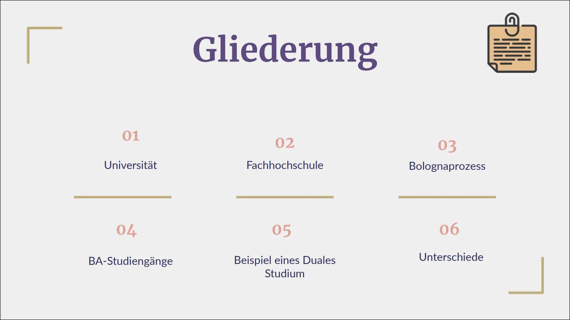 L
Studium
"Jaacce"
Universitäten,
Fachhochschulen,
BA-Studiengänge
Von Lea, Boris, Justin und Kyra L
01
Universität
04
BA-Studiengänge
Glied