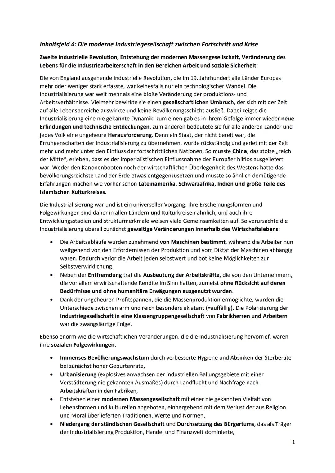 Inhaltsfeld 4: Die moderne Industriegesellschaft zwischen Fortschritt und Krise
Zweite industrielle Revolution, Entstehung der modernen Mass