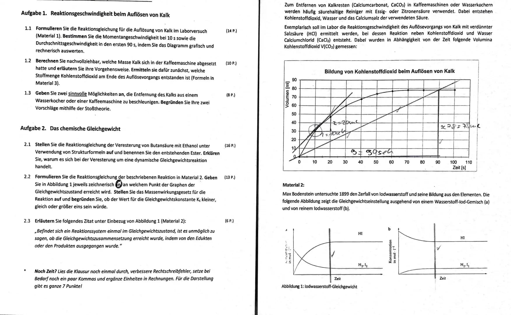 Aufgabe 1. Reaktionsgeschwindigkeit beim Auflösen von Kalk
1.1 Formulieren Sie die Reaktionsgleichung für die Auflösung von Kalk im Laborver