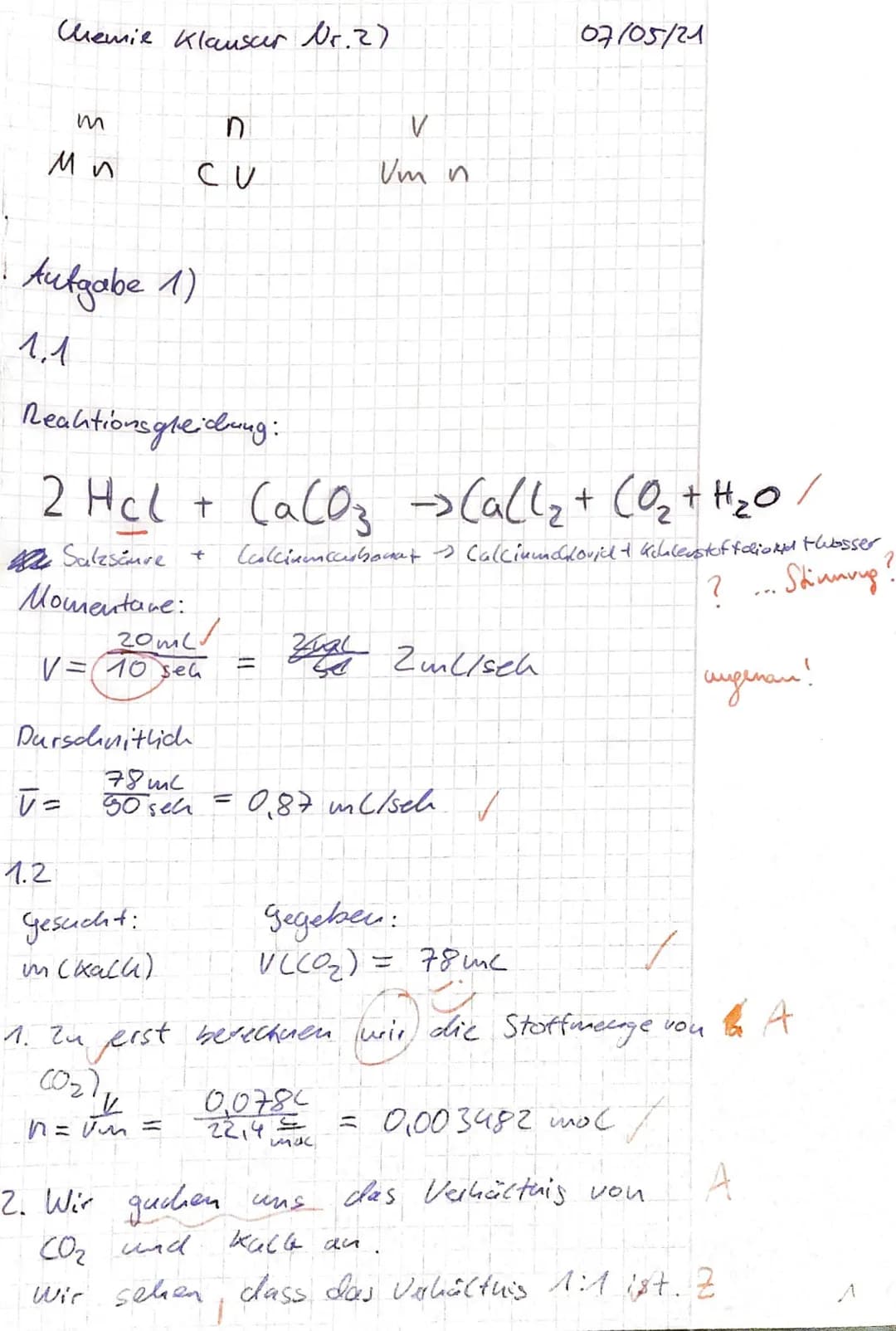 Aufgabe 1. Reaktionsgeschwindigkeit beim Auflösen von Kalk
1.1 Formulieren Sie die Reaktionsgleichung für die Auflösung von Kalk im Laborver