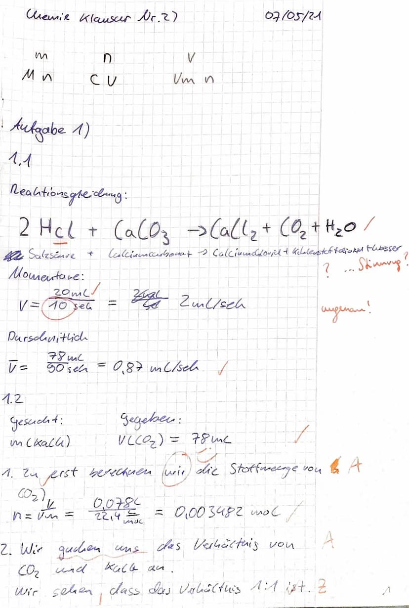 Aufgabe 1. Reaktionsgeschwindigkeit beim Auflösen von Kalk
1.1 Formulieren Sie die Reaktionsgleichung für die Auflösung von Kalk im Laborver