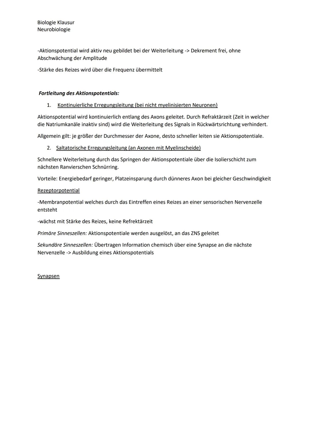 Biologie Klausur
Neurobiologie
Nervenzellen Bau und Funktion
Dendrit
Zellkern
Axon
Neuron Aufbau
Myelinscheide
Soma
Axonhügel
Ruhepotential
