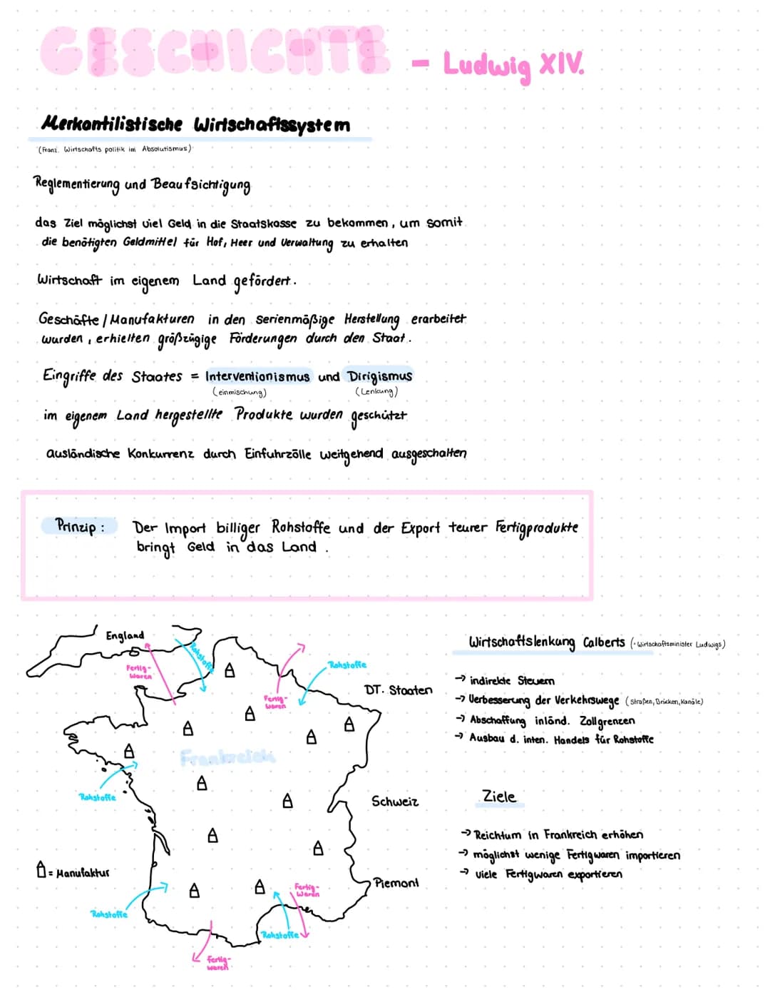 GESCHICHTE
Merkantilistische Wirtschaftssystem
(Franz. Wirtschafts politik im Absolutismus).
Reglementierung und Beaufsichtigung
das Ziel mö