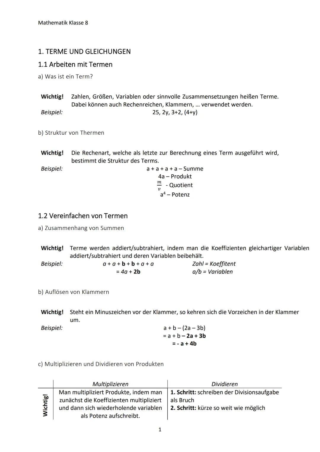 Mathematik Klasse 8
1. TERME UND GLEICHUNGEN
1.1 Arbeiten mit Termen
a) Was ist ein Term?
Wichtig! Zahlen, Größen, Variablen oder sinnvolle 