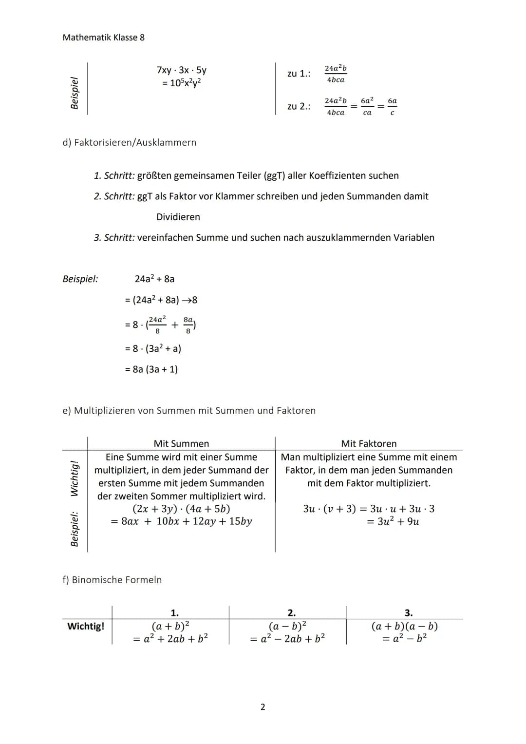 Mathematik Klasse 8
1. TERME UND GLEICHUNGEN
1.1 Arbeiten mit Termen
a) Was ist ein Term?
Wichtig! Zahlen, Größen, Variablen oder sinnvolle 