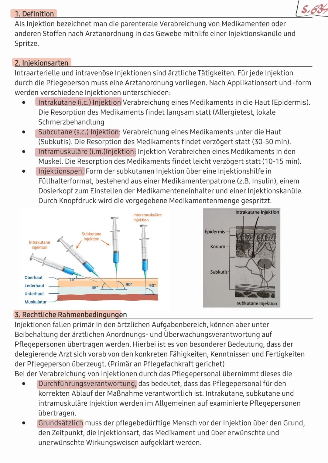 1. Definition
Als Injektion bezeichnet man die parenterale Verabreichung von Medikamenten oder
anderen Stoffen nach Arztanordnung in das Gew