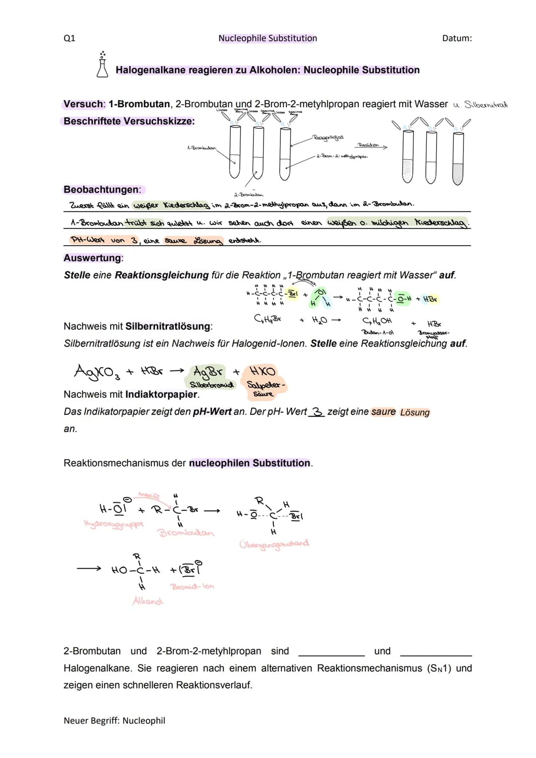 Q1
.:.
Å
Halogenalkane reagieren zu Alkoholen: Nucleophile Substitution
an.
Versuch: 1-Brombutan, 2-Brombutan und 2-Brom-2-metyhlpropan reag