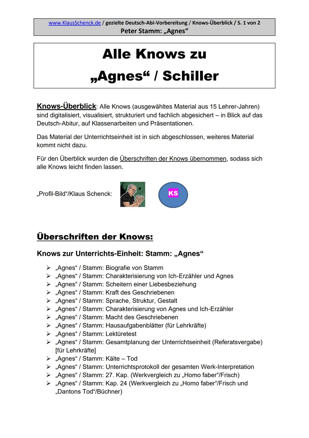 www.KlausSchenck.de / gezielte Deutsch-Abi-Vorbereitung / Knows-Überblick / S. 1 von 2
Peter Stamm: ,,Agnes"
Alle Knows zu
,,Agnes" / Schill