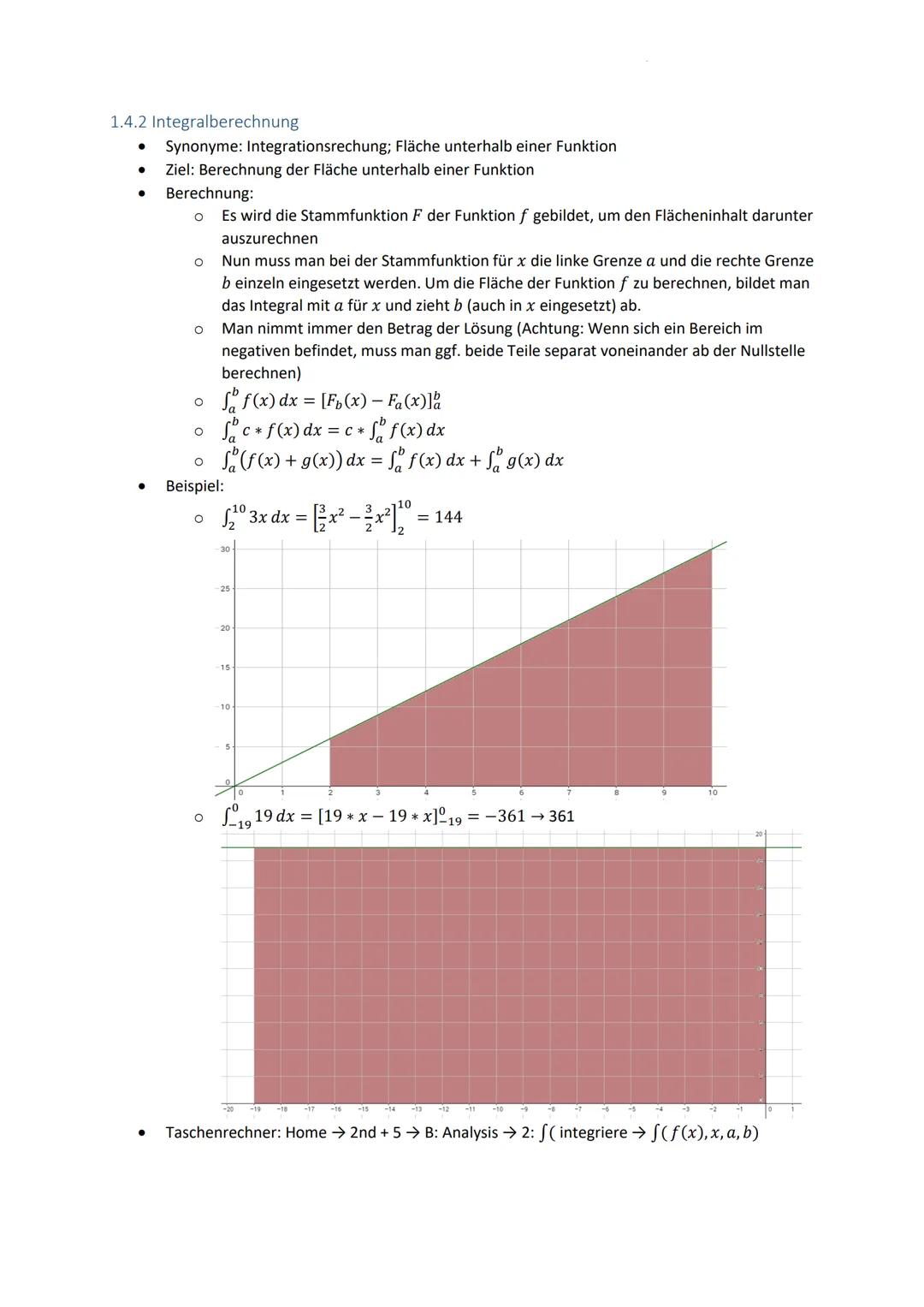 1.4 Integralrechnung
In der Integralrechnung geht es hauptsächlich darum, die Fläche unterhalb einer Funktion zu
ermitteln
1.4.1 Stammfunkti