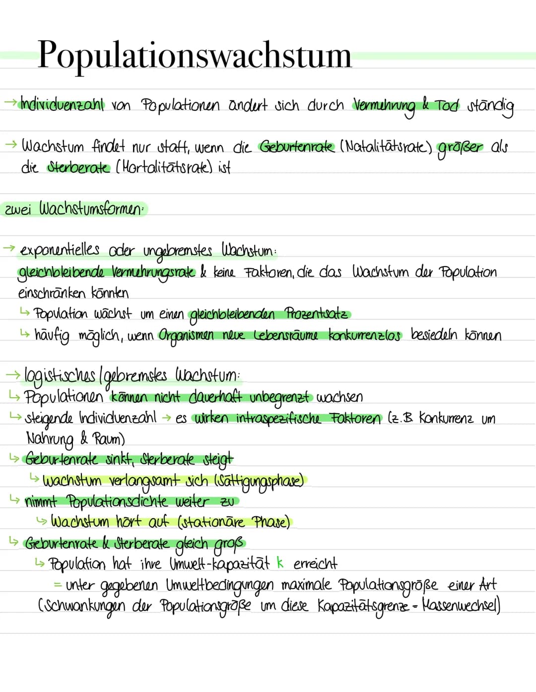 Populationswachstum
→ Individuenzahl von Populationen andert sich durch Vermehrung & Tod ständig
→ Wachstum findet nur staff, wenn die Gebur