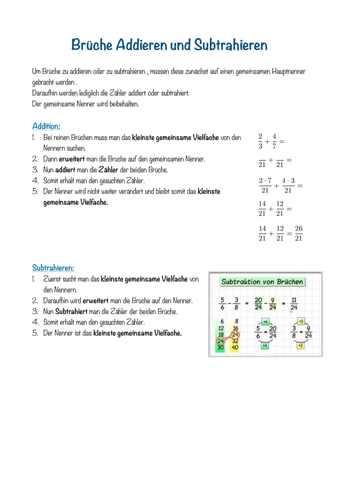 Multiplizieren:
Bei der Multiplikation von Brüchen ist dies interessant:
Zähler wird mit Zähler multipliziert.
Nenner wird mit Nenner multip
