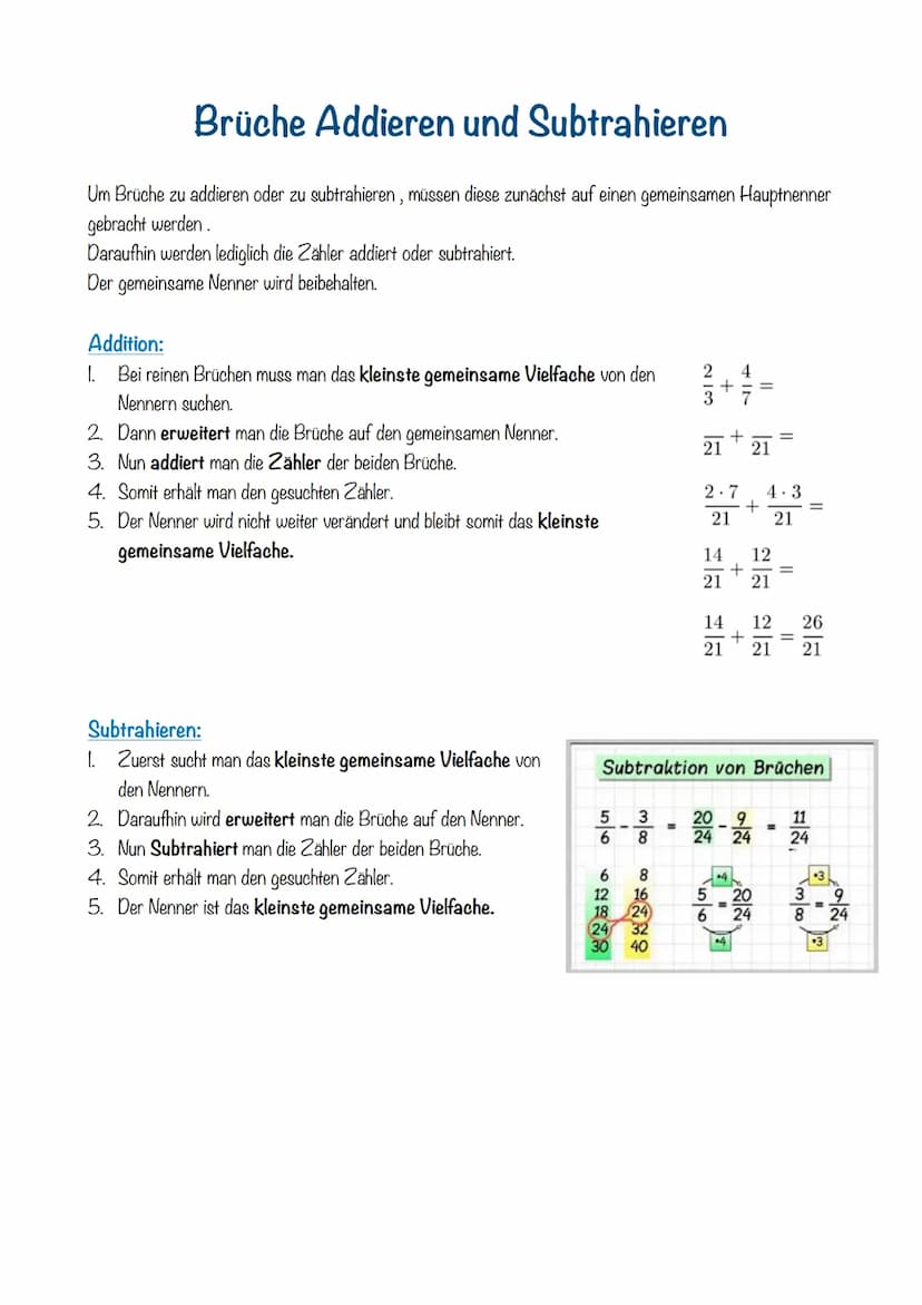 Multiplizieren:
Bei der Multiplikation von Brüchen ist dies interessant:
Zähler wird mit Zähler multipliziert.
Nenner wird mit Nenner multip