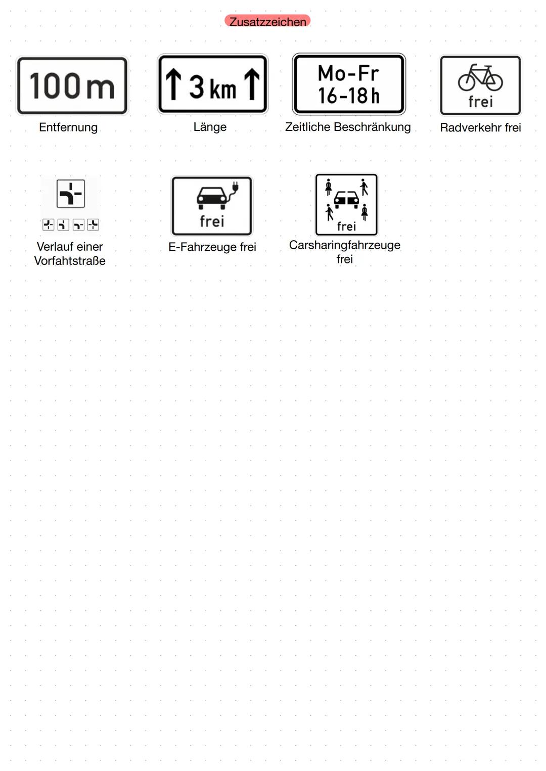 Zusatzzeichen

100m

↑3 km ↑

Mo-Fr
16-18h

frei

Entfernung

Länge

Zeitliche Beschränkung

Radverkehr frei

frei

Verlauf einer
Vorfahtstr