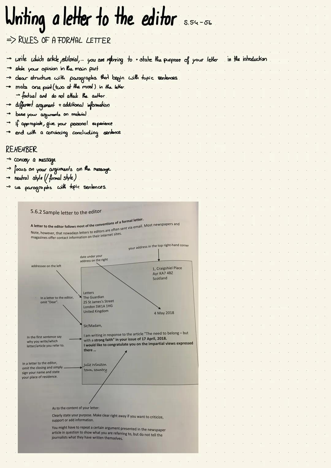 Writing a letter to the editor -
S.54-56
=> RULES OF A FORMAL LETTER
write which article, editorial,... you are referring to state the purpo