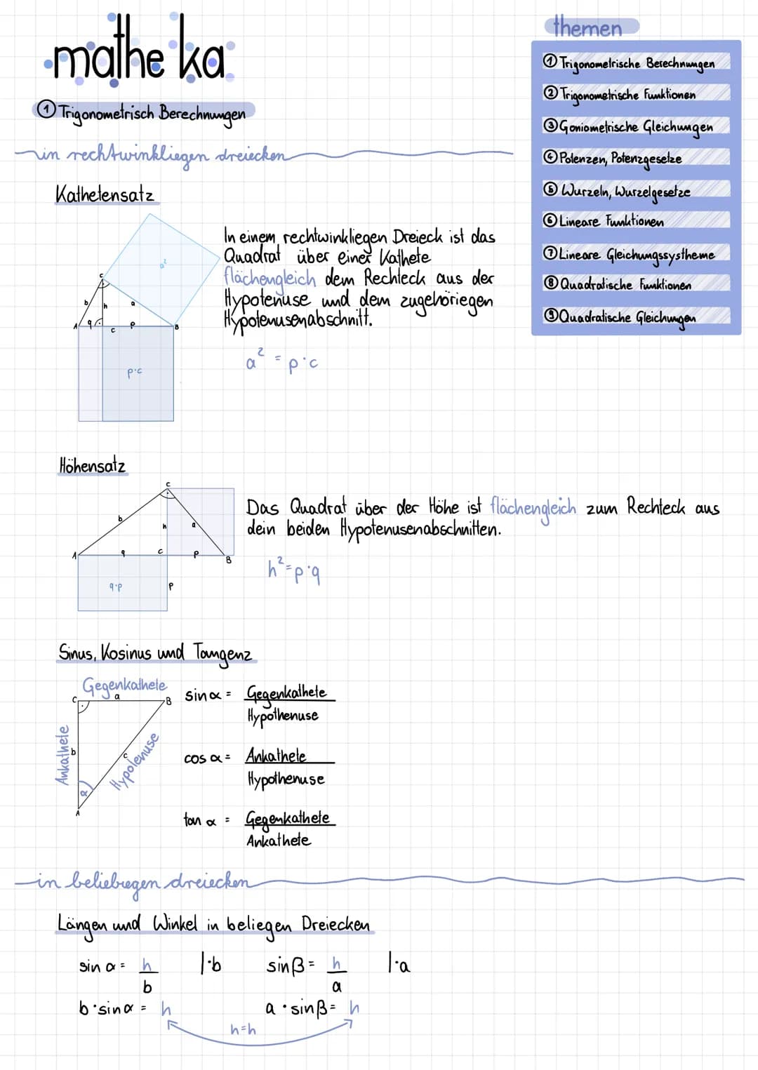 mathe ka
Trigonometrisch Berechnungen
in rechtwinkliegen dreiecken
Kathetensatz
Höhensatz
q
Ankathete
pic
9.P
с
P
sin a = h
b
b'sina
Sinus, 