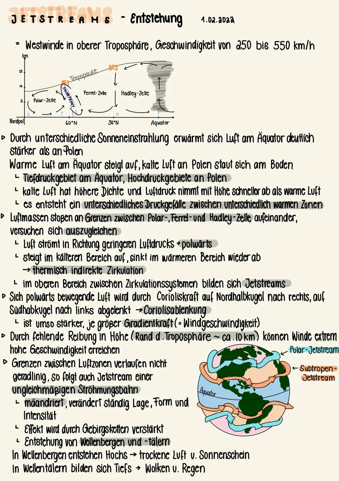 JETSTREAMS - Entstehung
Westwinde in oberer Troposphäre, Geschwindigkeit von 250 bis 550 km/h
15
10
km
5.
Polar-Zelle
Tropopause
L
Ferrel-Ze