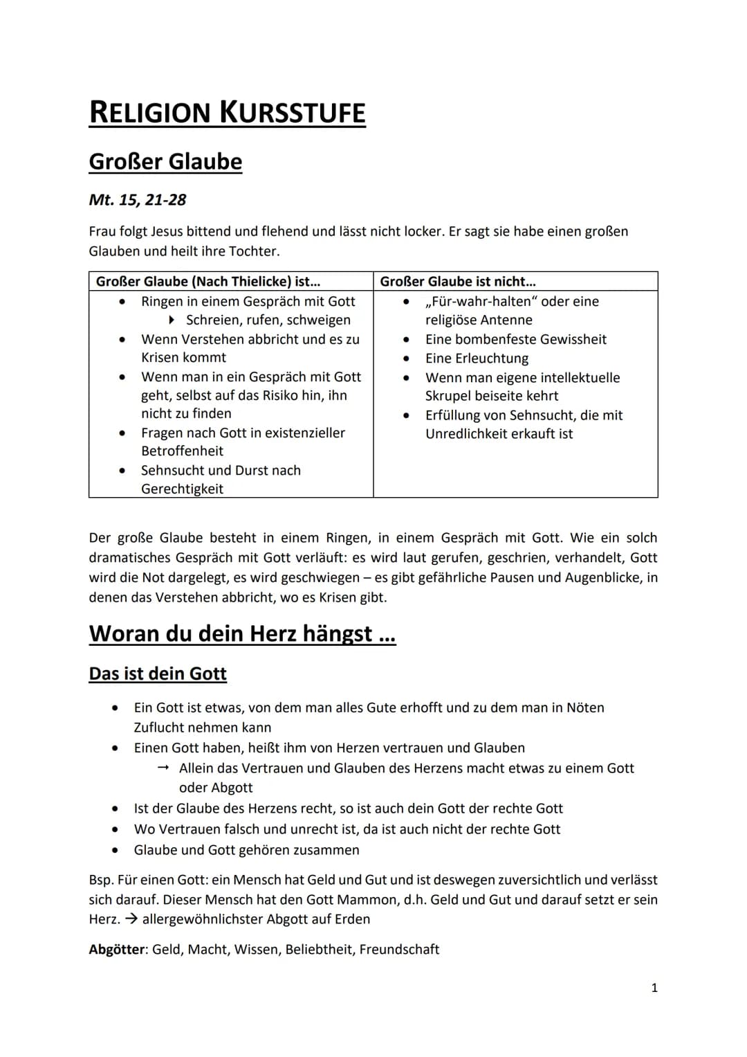 RELIGION KURSSTUFE
Großer Glaube
Mt. 15, 21-28
Frau folgt Jesus bittend und flehend und lässt nicht locker. Er sagt sie habe einen großen
Gl