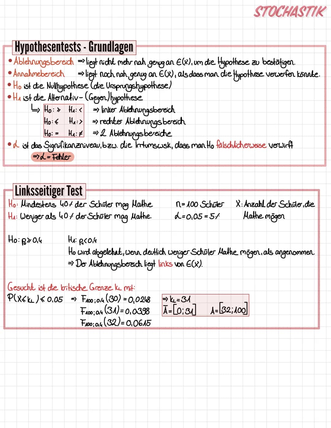 Hypothesentests
Ablehnungsbereidh
•Annahmebereich
●
Ho ist die Nullhypothese (die Ursprungshypothese)
• H₁ ist die Alternativ- (Gegen) hypot