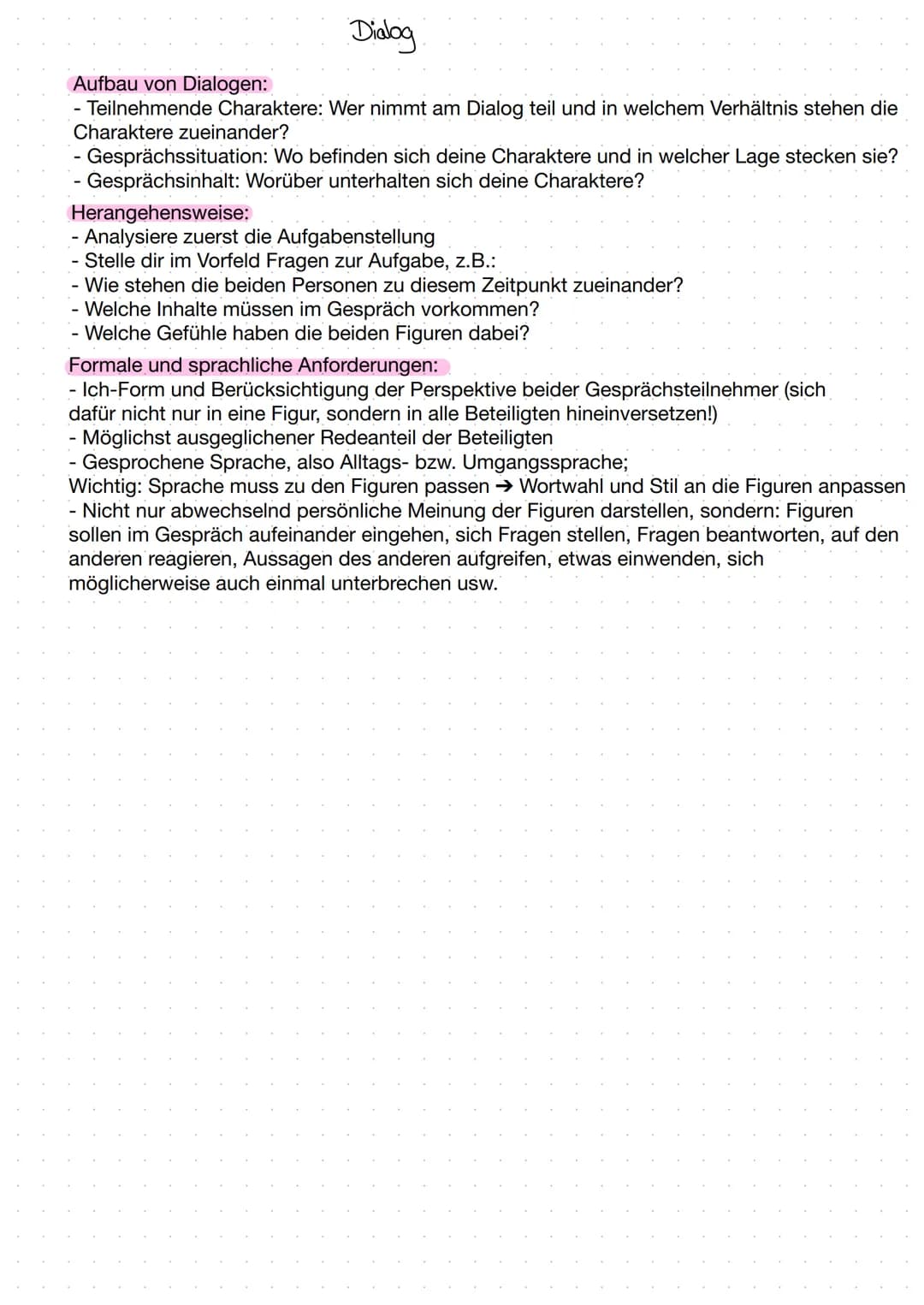 Dialog
Aufbau von Dialogen:
- Teilnehmende Charaktere: Wer nimmt am Dialog teil und in welchem Verhältnis stehen die
Charaktere zueinander?
