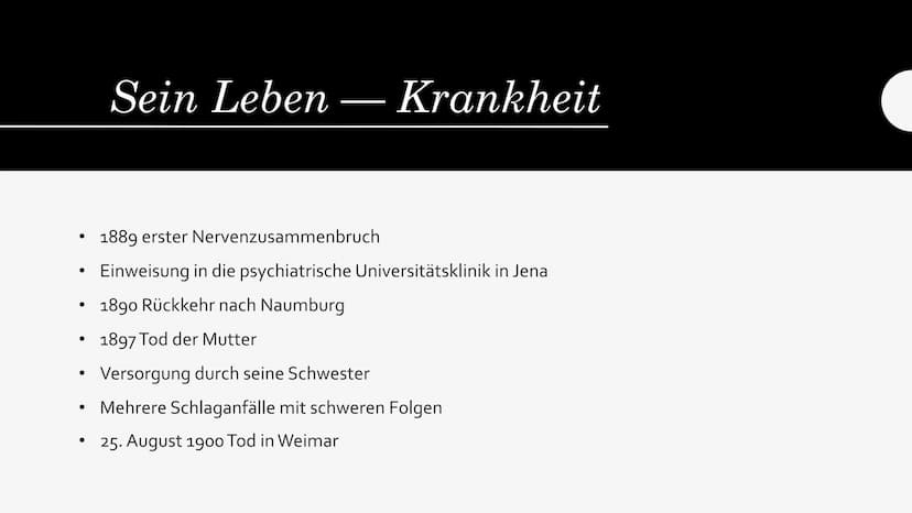 FRIEDRICH
NIETZSCHE Kindheit
●
●
●
●
Bildung & Beruf
●
15 Oktober 1844 in Röcken geboren
Vater war protestantischer Pfarrer
lebte mit Vater,