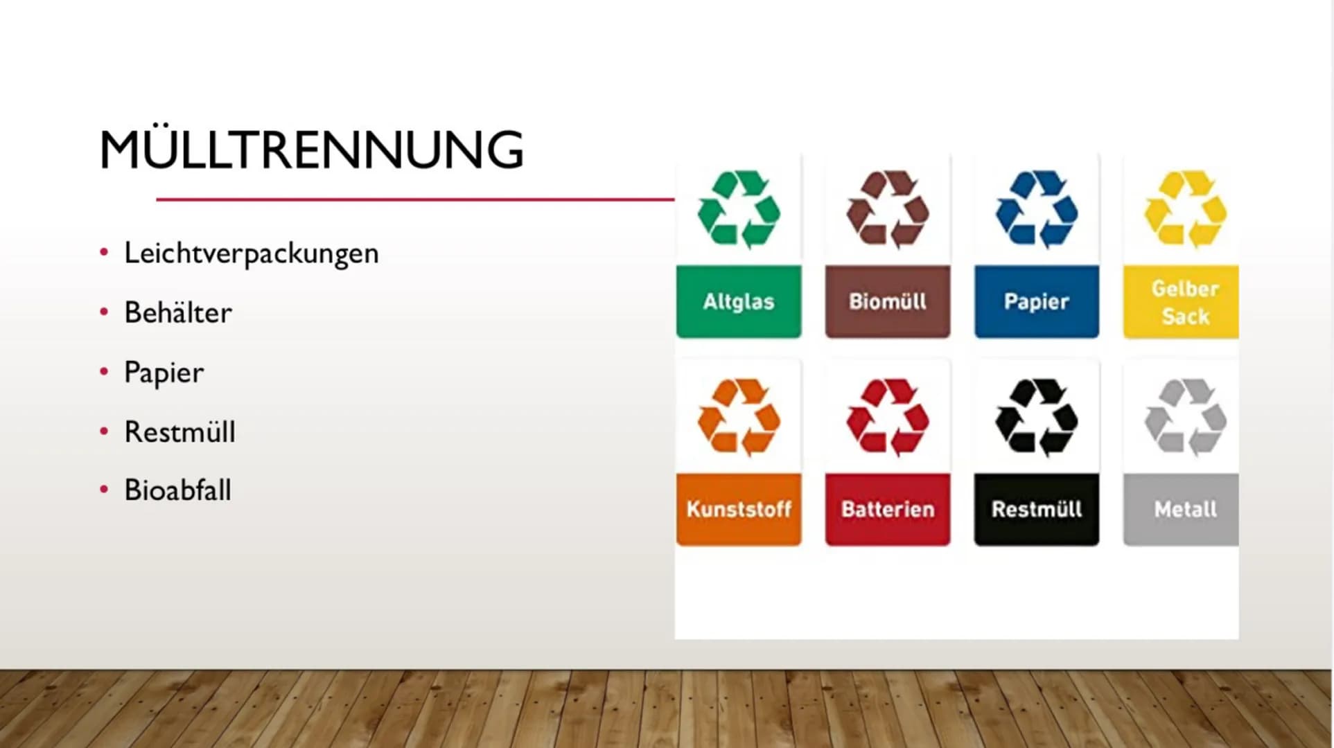 RECYCLING WAS IST RECYCLING?
• Aufbereitung und Wiederverwendung
von Rohstoffen
●
●
Immer ähnliche / gleiche Produkte
produziert
Rohstoffe k