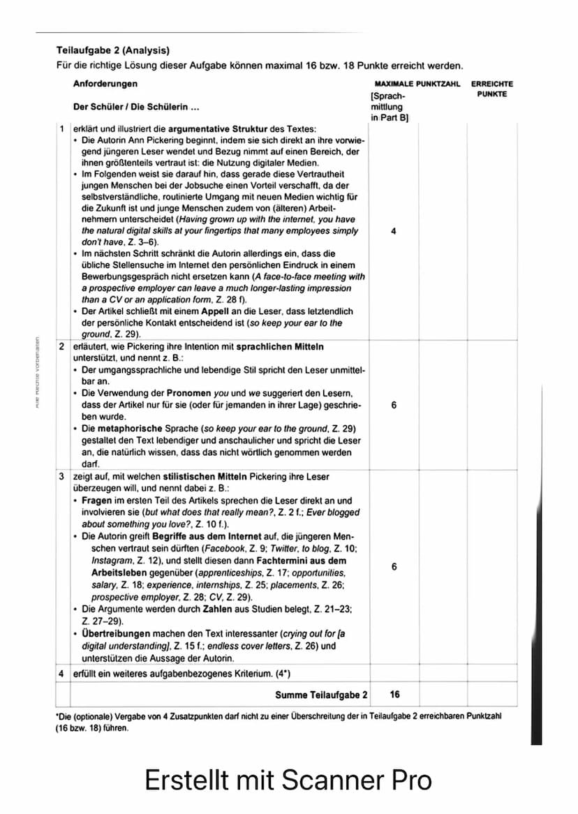 4. Kriterien/Vorgaben für die Bewertung der Schülerleistungen
a) Inhaltliche Leistung (max. 42 bzw. 48 Punkte)
Teilaufgabe 1 (Comprehension)