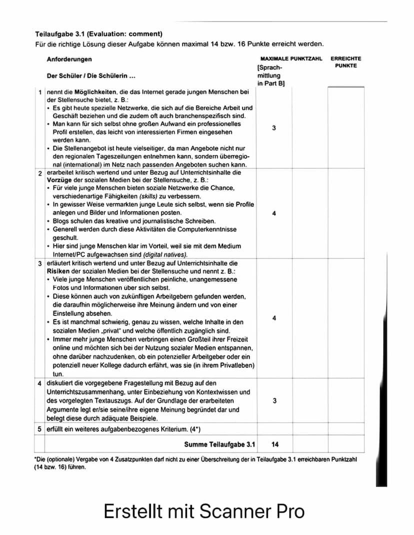 4. Kriterien/Vorgaben für die Bewertung der Schülerleistungen
a) Inhaltliche Leistung (max. 42 bzw. 48 Punkte)
Teilaufgabe 1 (Comprehension)