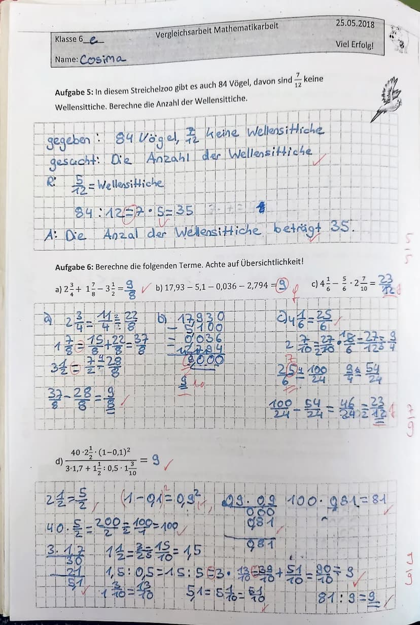 Klasse 6
Name: Cosima
PALKKA
Ich habe den Balken so
24 Kästchen da mao
teilen konnte ging es buf.
Aufgabe 2: Setze eines der Zeichen >, < od