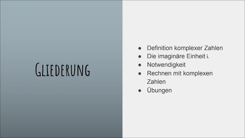 KOMPLEXE ZAHLEN
und die imaginäre Einheit „i” GLIEDERUNG
Definition komplexer Zahlen
Die imaginäre Einheit i
Notwendigkeit
Rechnen mit kompl