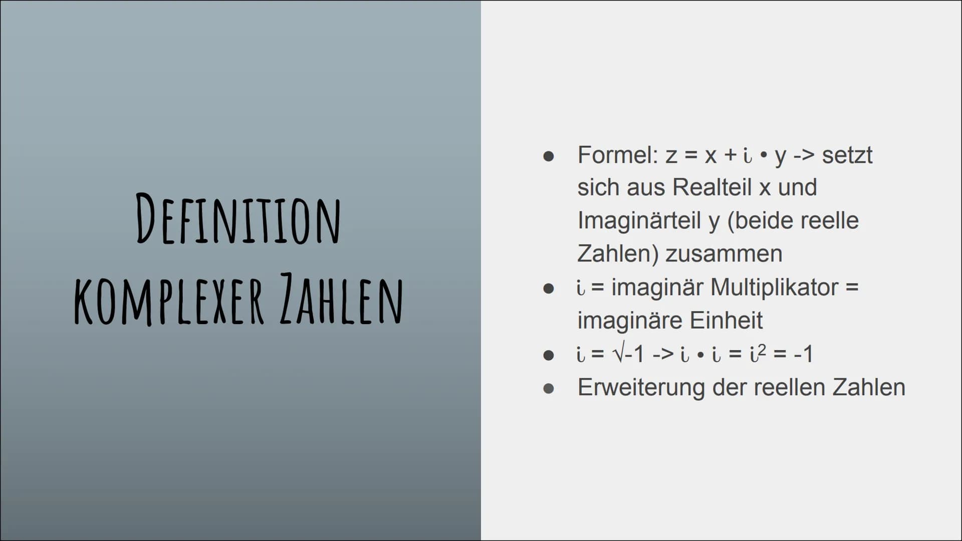 KOMPLEXE ZAHLEN
und die imaginäre Einheit „i” GLIEDERUNG
Definition komplexer Zahlen
Die imaginäre Einheit i
Notwendigkeit
Rechnen mit kompl