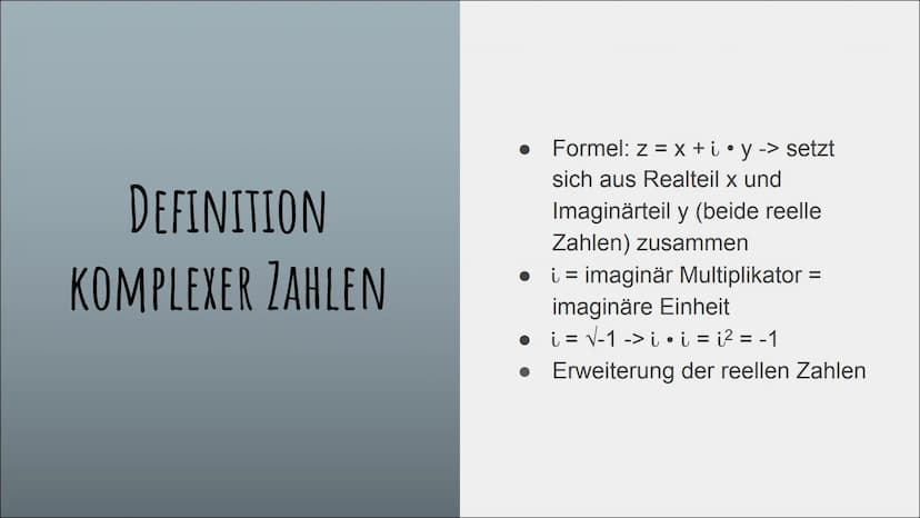 KOMPLEXE ZAHLEN
und die imaginäre Einheit „i” GLIEDERUNG
Definition komplexer Zahlen
Die imaginäre Einheit i
Notwendigkeit
Rechnen mit kompl