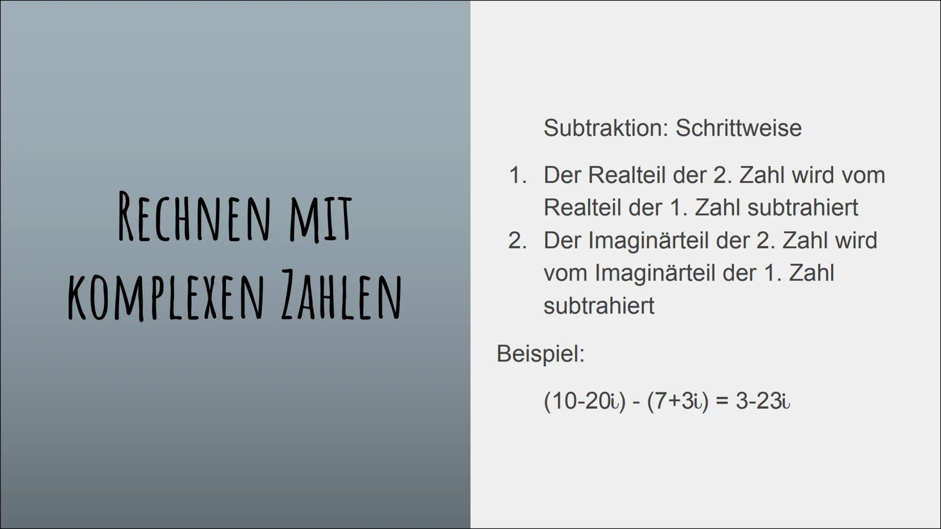 KOMPLEXE ZAHLEN
und die imaginäre Einheit „i” GLIEDERUNG
Definition komplexer Zahlen
Die imaginäre Einheit i
Notwendigkeit
Rechnen mit kompl