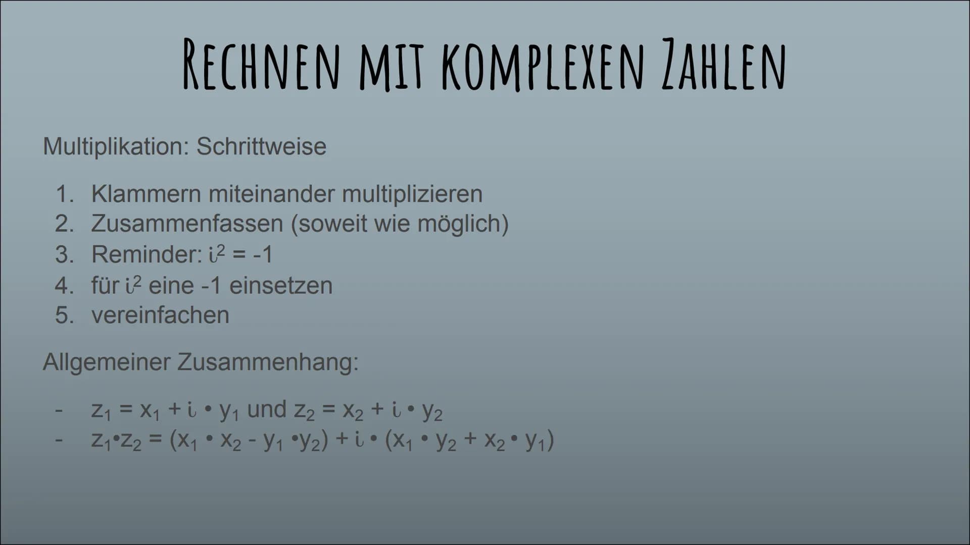 KOMPLEXE ZAHLEN
und die imaginäre Einheit „i” GLIEDERUNG
Definition komplexer Zahlen
Die imaginäre Einheit i
Notwendigkeit
Rechnen mit kompl