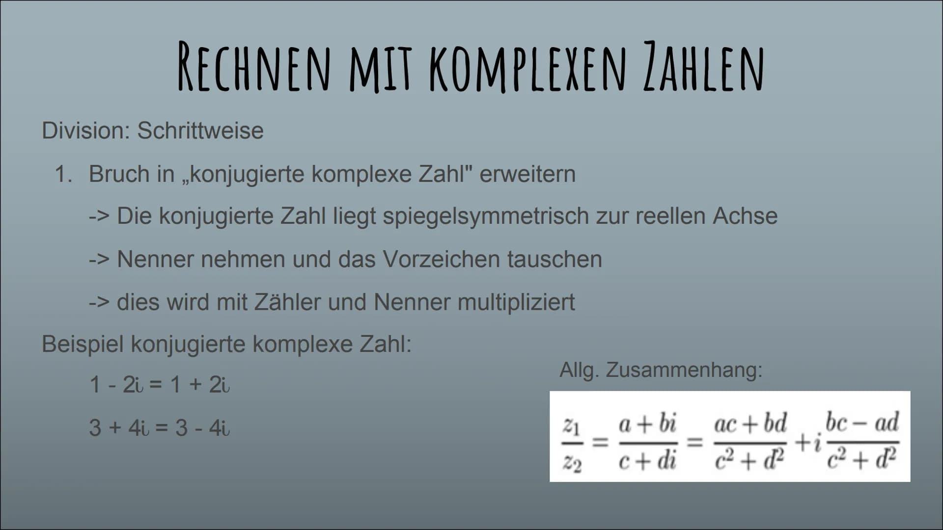 KOMPLEXE ZAHLEN
und die imaginäre Einheit „i” GLIEDERUNG
Definition komplexer Zahlen
Die imaginäre Einheit i
Notwendigkeit
Rechnen mit kompl