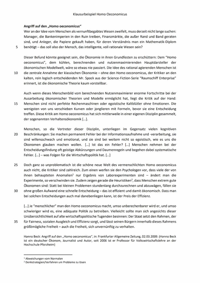 Name:
Klausurbeispiel Homo Oeconomicus
Klausur im Fach Sozialwissenschaften
Thema: Der Mensch - ein homo oeconomicus?
1. Stellen Sie das Mod