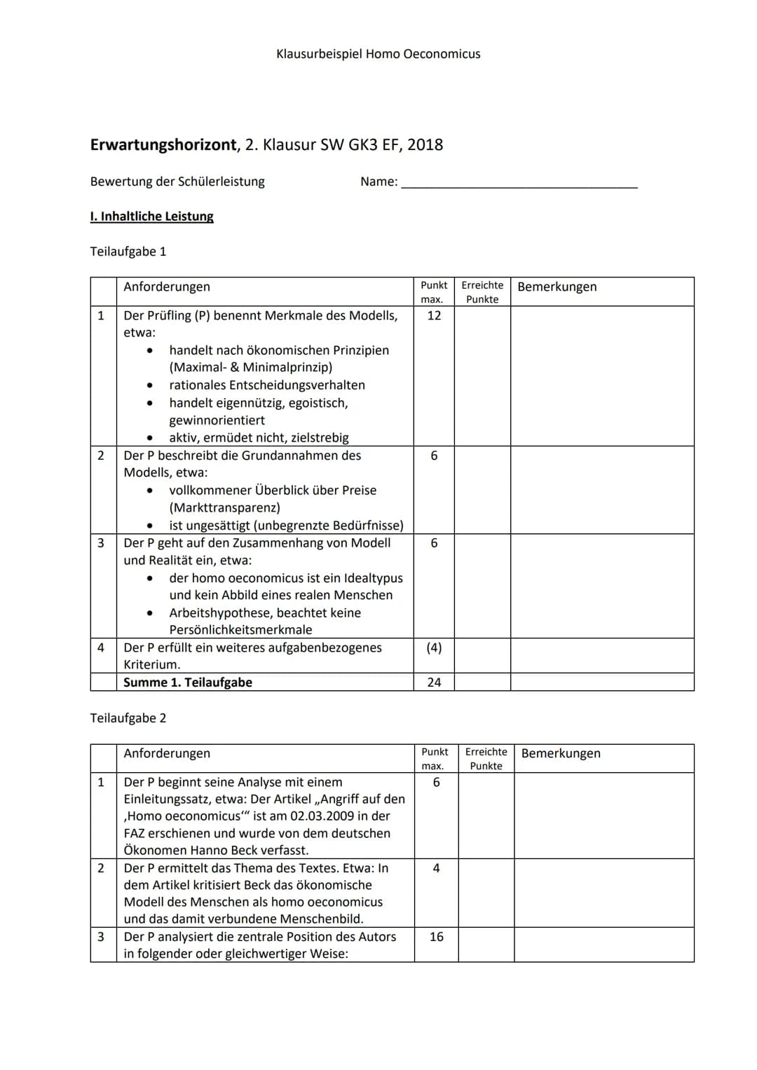 Name:
Klausurbeispiel Homo Oeconomicus
Klausur im Fach Sozialwissenschaften
Thema: Der Mensch - ein homo oeconomicus?
1. Stellen Sie das Mod