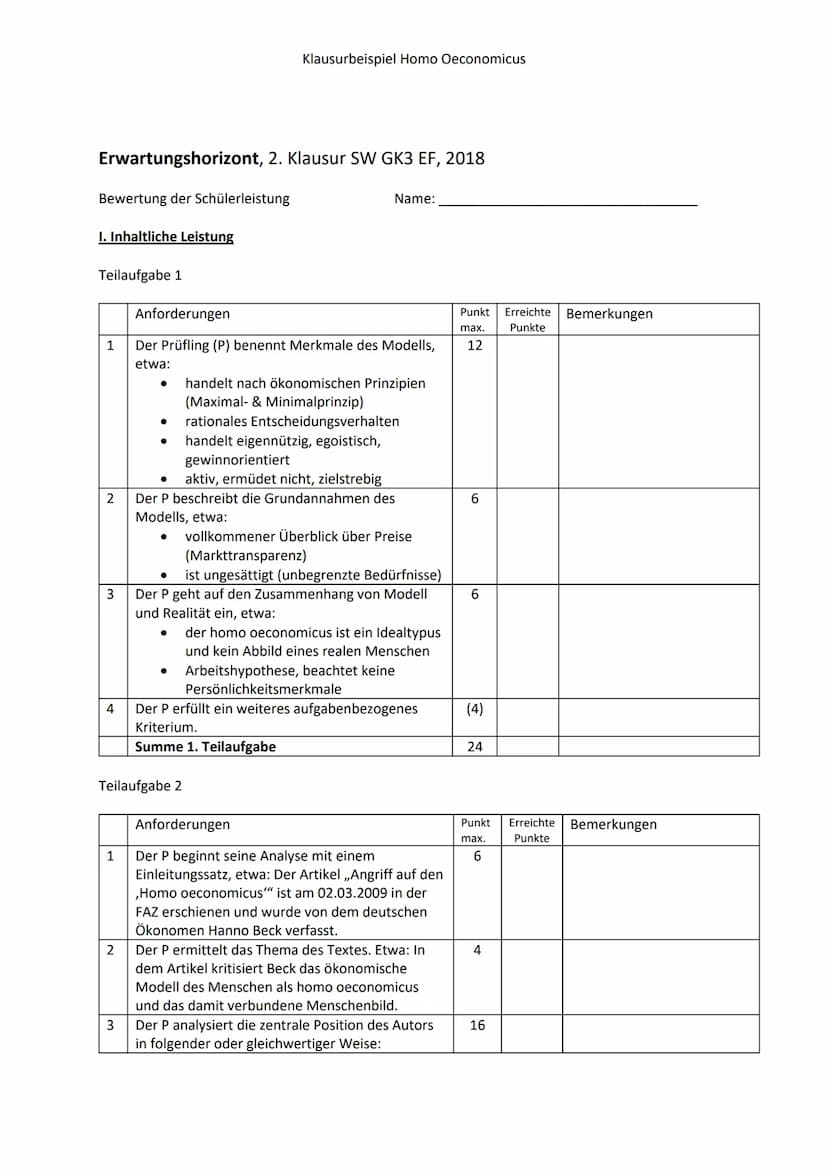 Name:
Klausurbeispiel Homo Oeconomicus
Klausur im Fach Sozialwissenschaften
Thema: Der Mensch - ein homo oeconomicus?
1. Stellen Sie das Mod