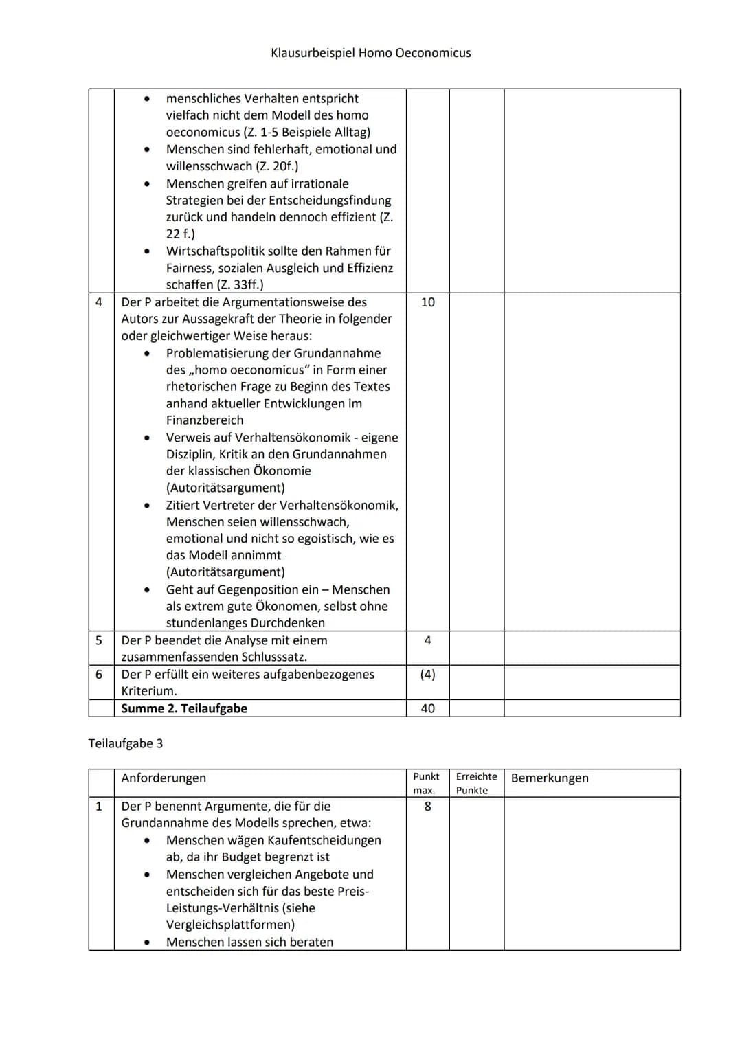Name:
Klausurbeispiel Homo Oeconomicus
Klausur im Fach Sozialwissenschaften
Thema: Der Mensch - ein homo oeconomicus?
1. Stellen Sie das Mod