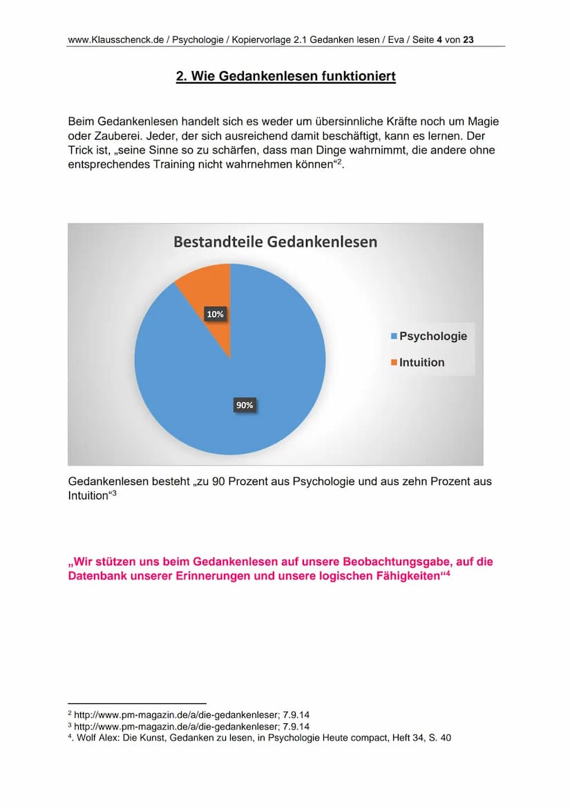 www.Klausschenck.de / Psychologie / Kopiervorlage 2.1 Gedanken lesen / Eva / Seite 2 von 23
Inhaltsverzeichnis
Farblegende
1. Die Kunst Geda