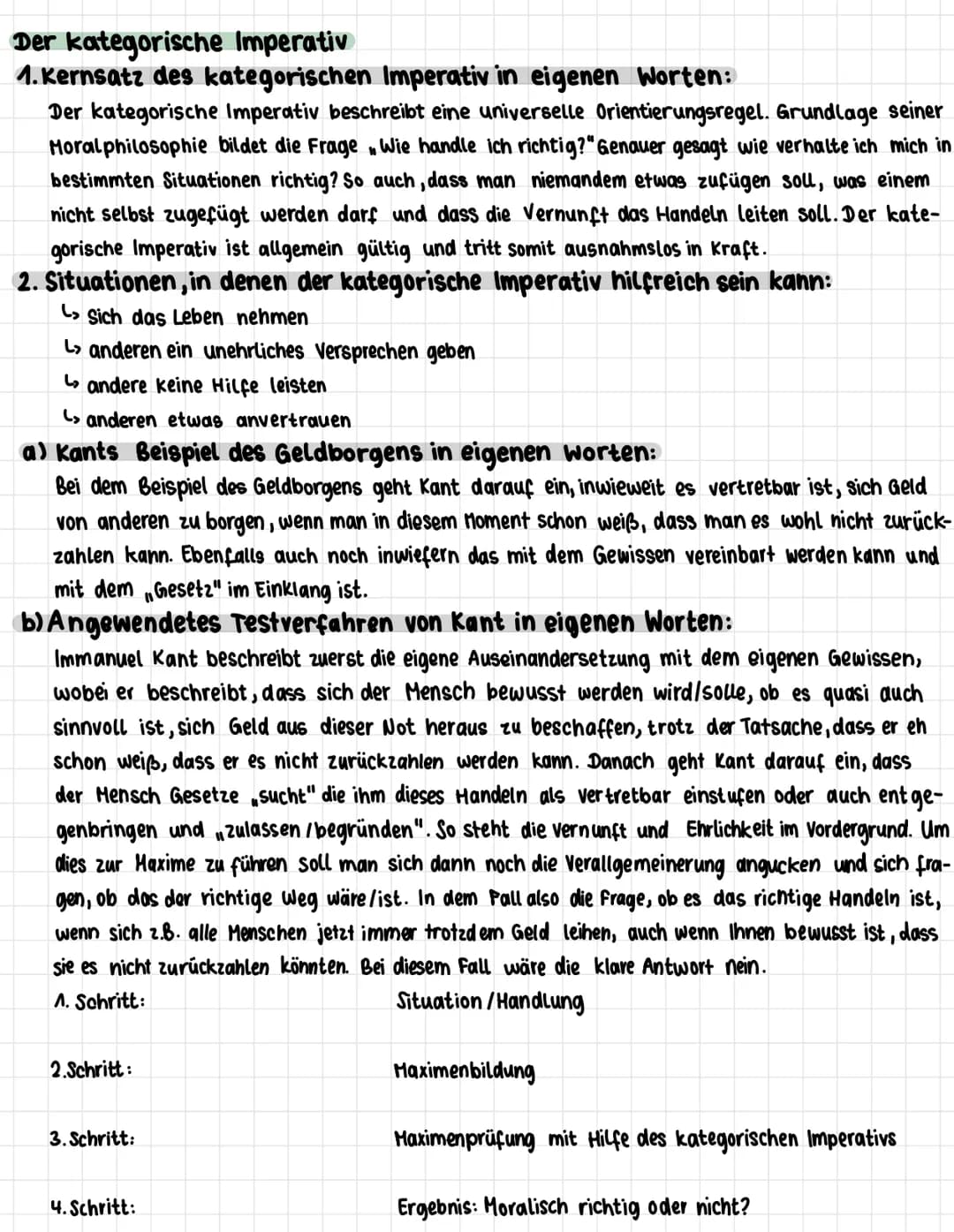 Der kategorische Imperativ
1. Kernsatz des kategorischen Imperativ in eigenen Worten:
Der kategorische Imperativ beschreibt eine universelle