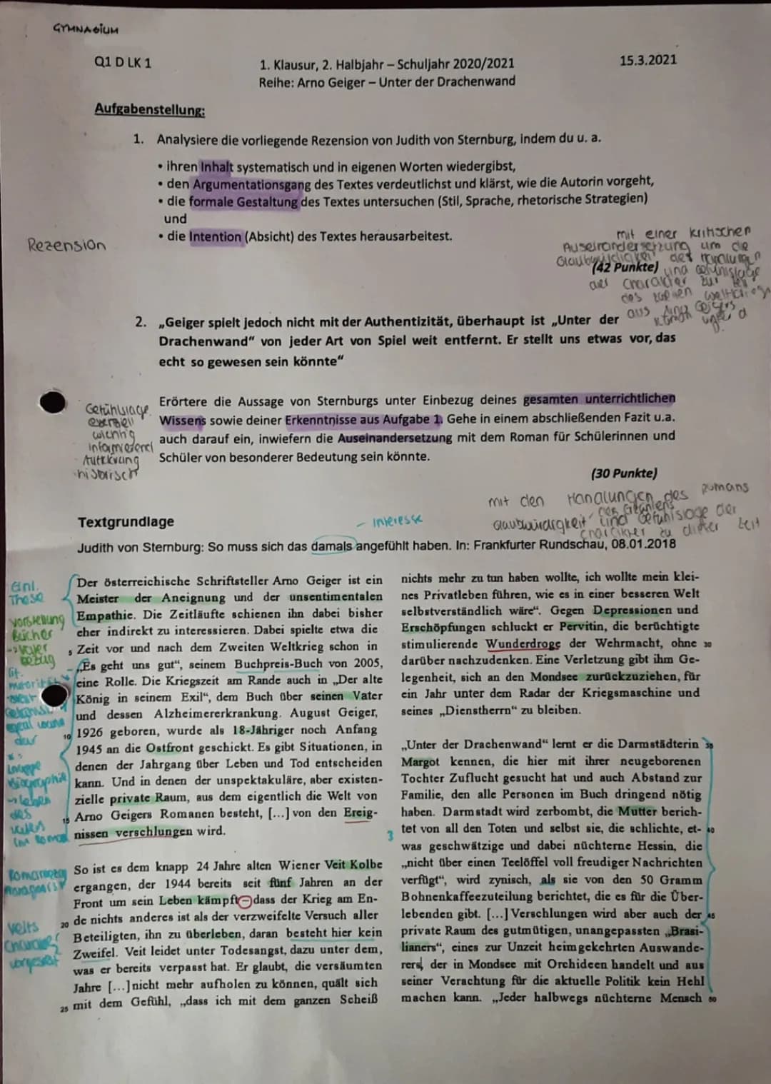 Unter der Drachenwand Klausur: Analyse und Vergleich
