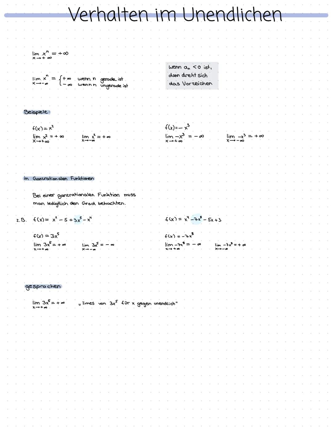 lim x =
(116
Beispiele:
2. B.
{+
f(x) = x²
lim x² = +00
X4+00
Verhalten im Unendlichen
∞o
gesprochen
80
in Ganzrationalen Funktionen
lim 3x²